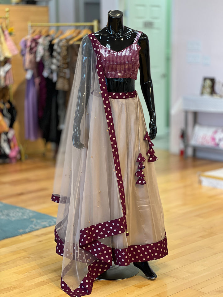 Dusty Grey And Dark Wine Lehenga Set