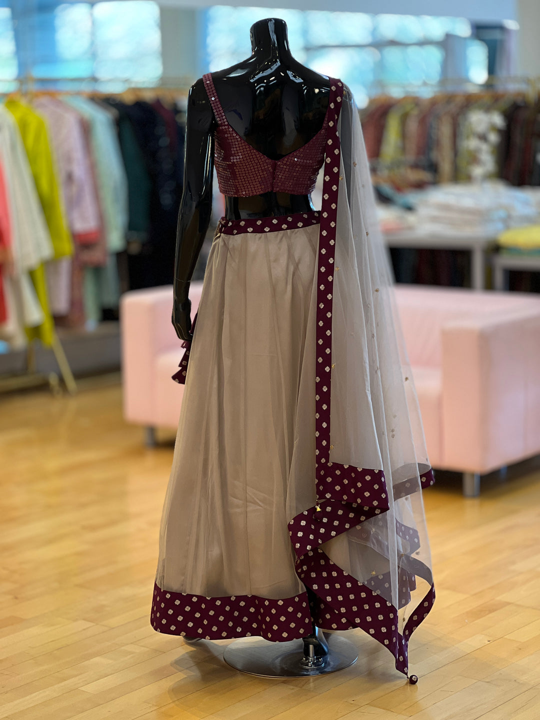 Dusty Grey And Dark Wine Lehenga Set