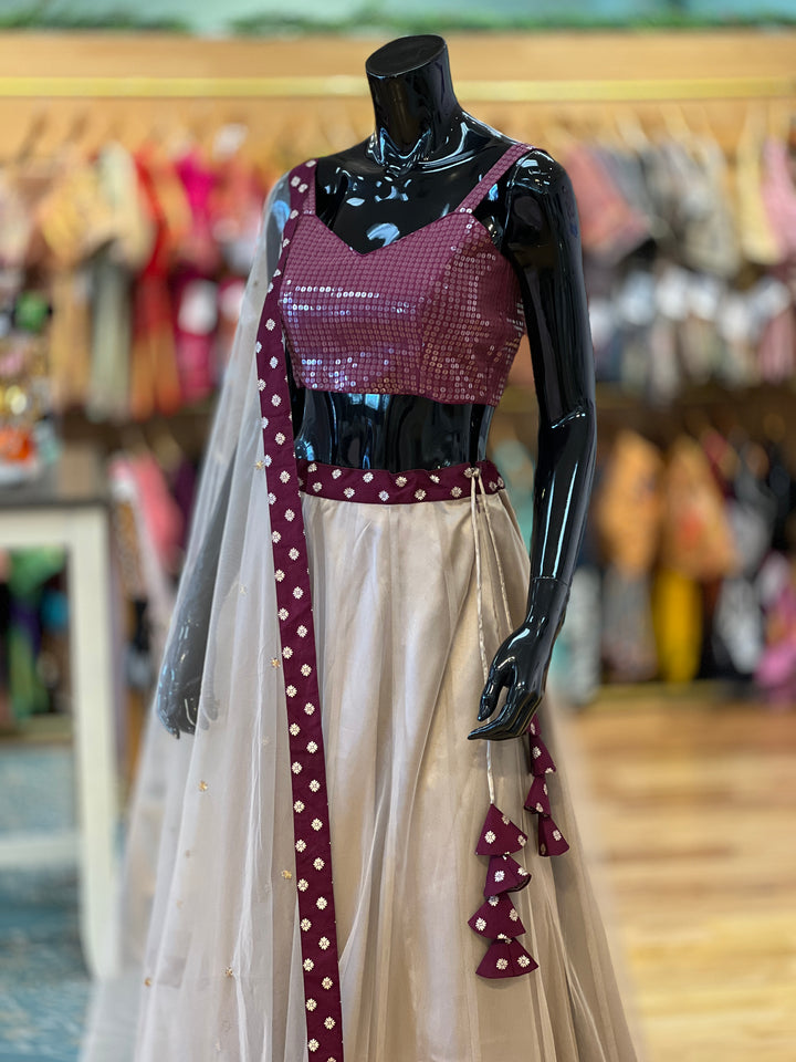 Dusty Grey And Dark Wine Lehenga Set