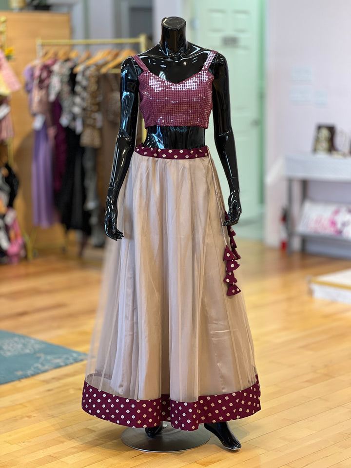Dusty Grey And Dark Wine Lehenga Set