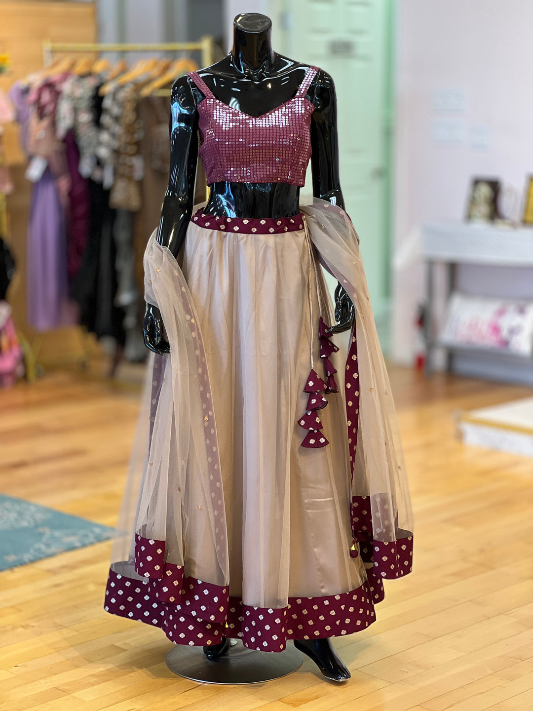 Dusty Grey And Dark Wine Lehenga Set