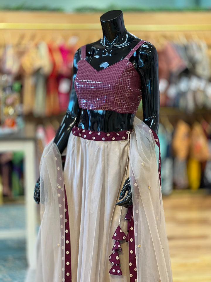 Dusty Grey And Dark Wine Lehenga Set