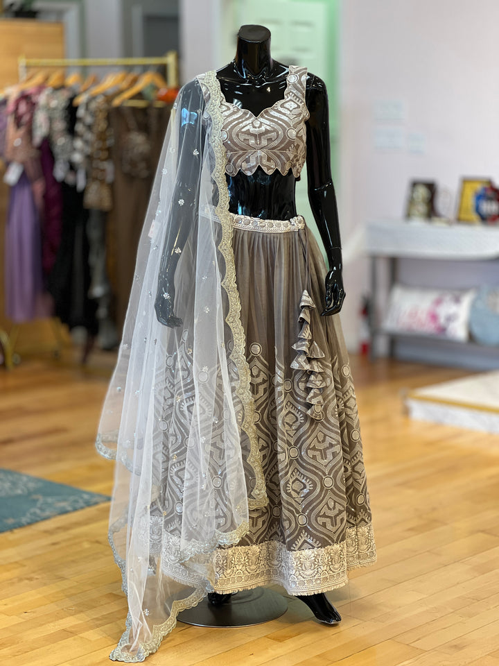 Gray And Ivory Embroidered Lehenga Set