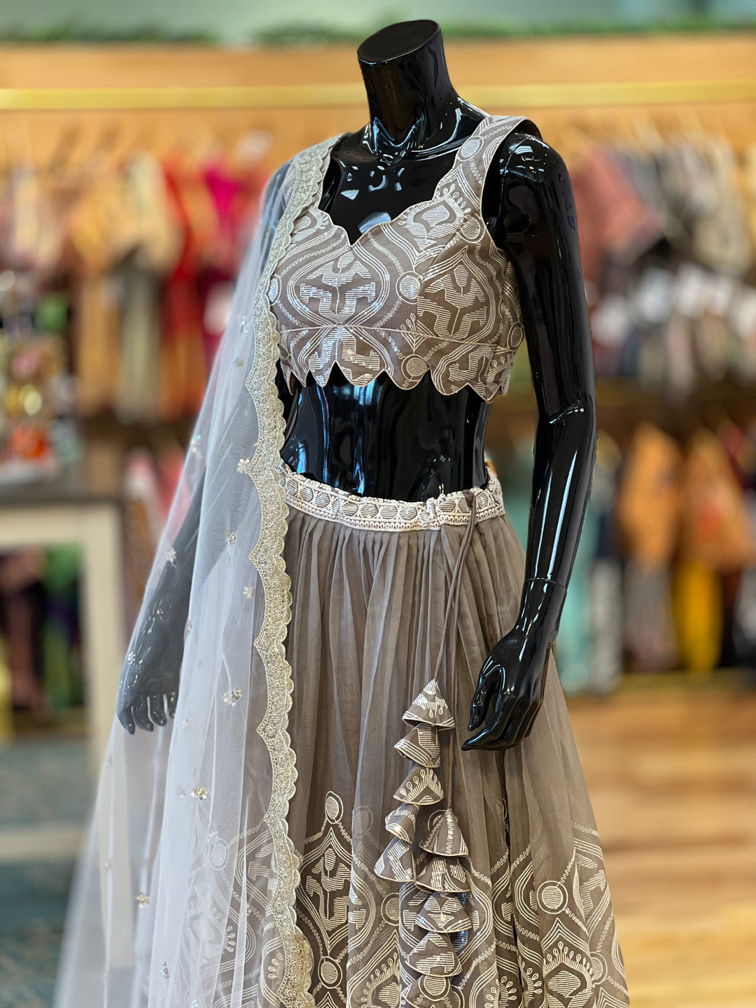 Gray And Ivory Embroidered Lehenga Set