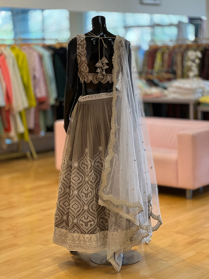Gray And Ivory Embroidered Lehenga Set