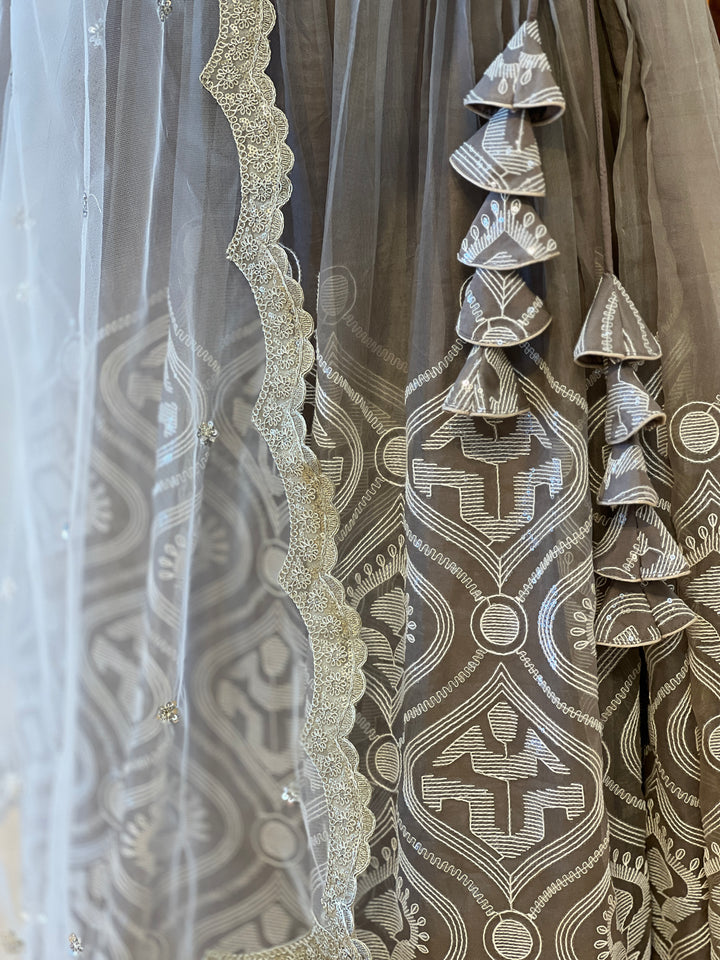 Gray And Ivory Embroidered Lehenga Set