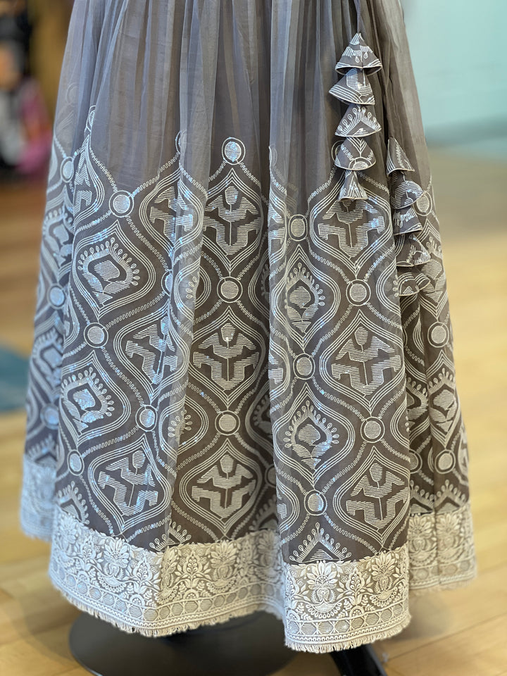 Gray And Ivory Embroidered Lehenga Set