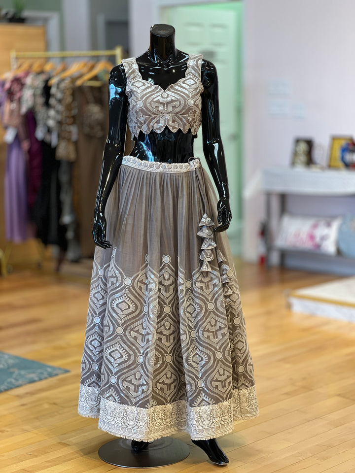 Gray And Ivory Embroidered Lehenga Set