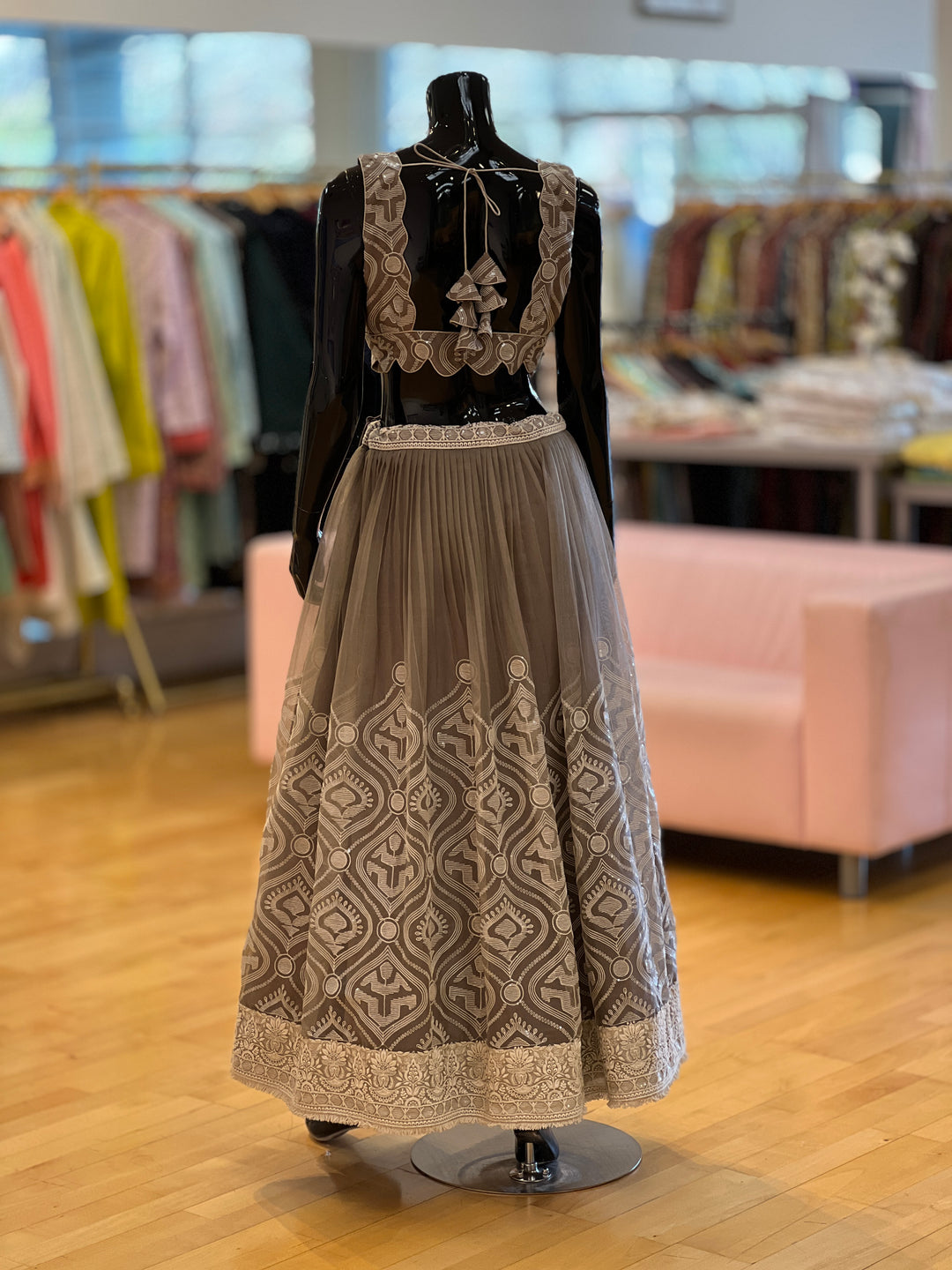 Gray And Ivory Embroidered Lehenga Set