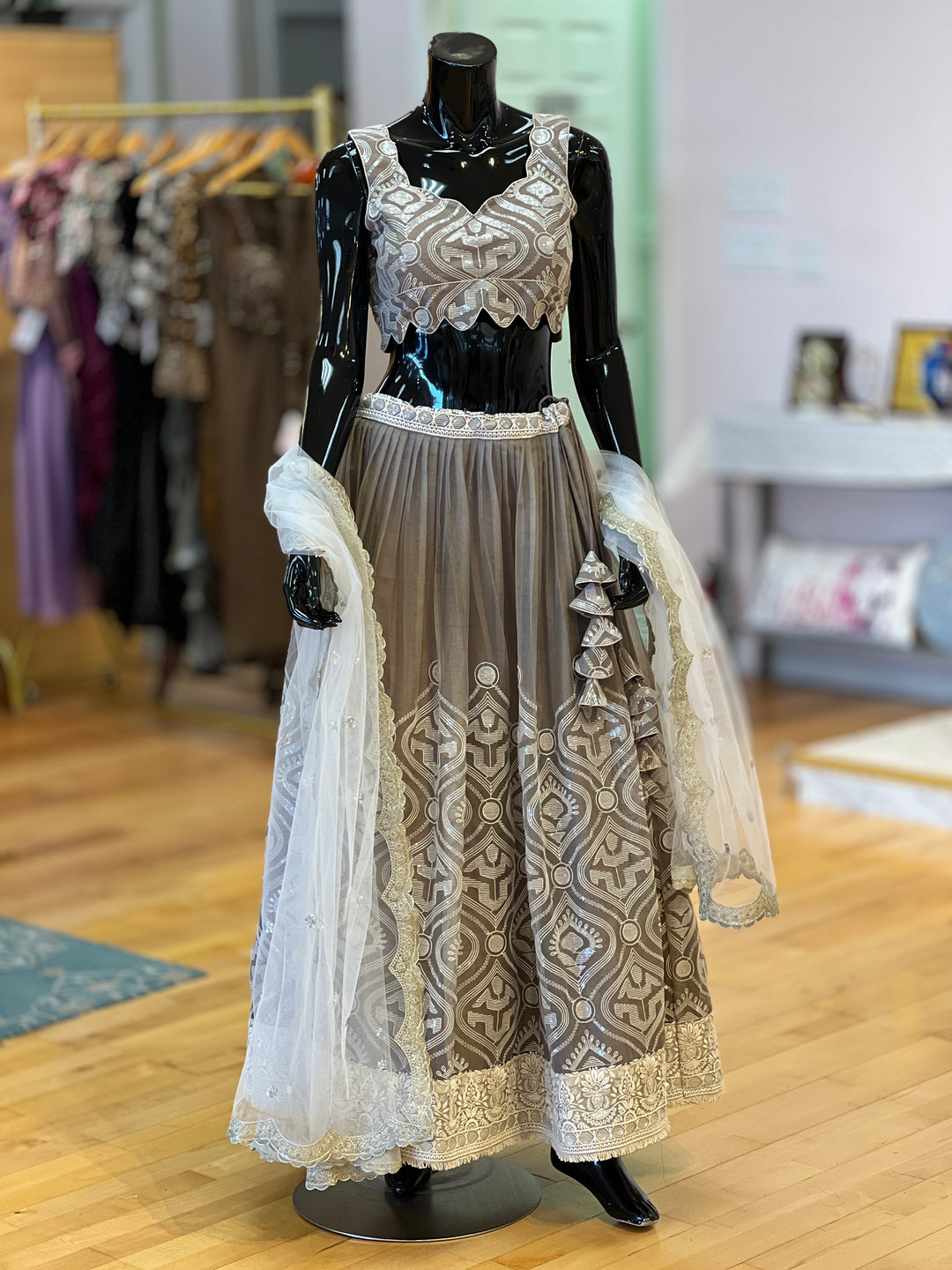 Gray And Ivory Embroidered Lehenga Set