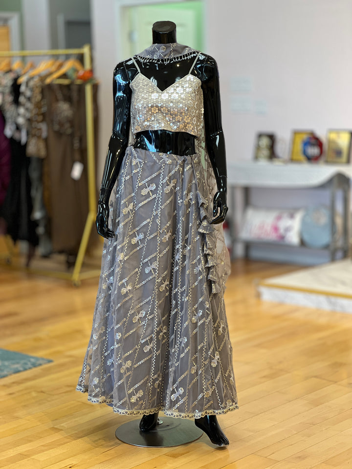 Grey and Antique Gold Sequins Embroidered Lehenga Set