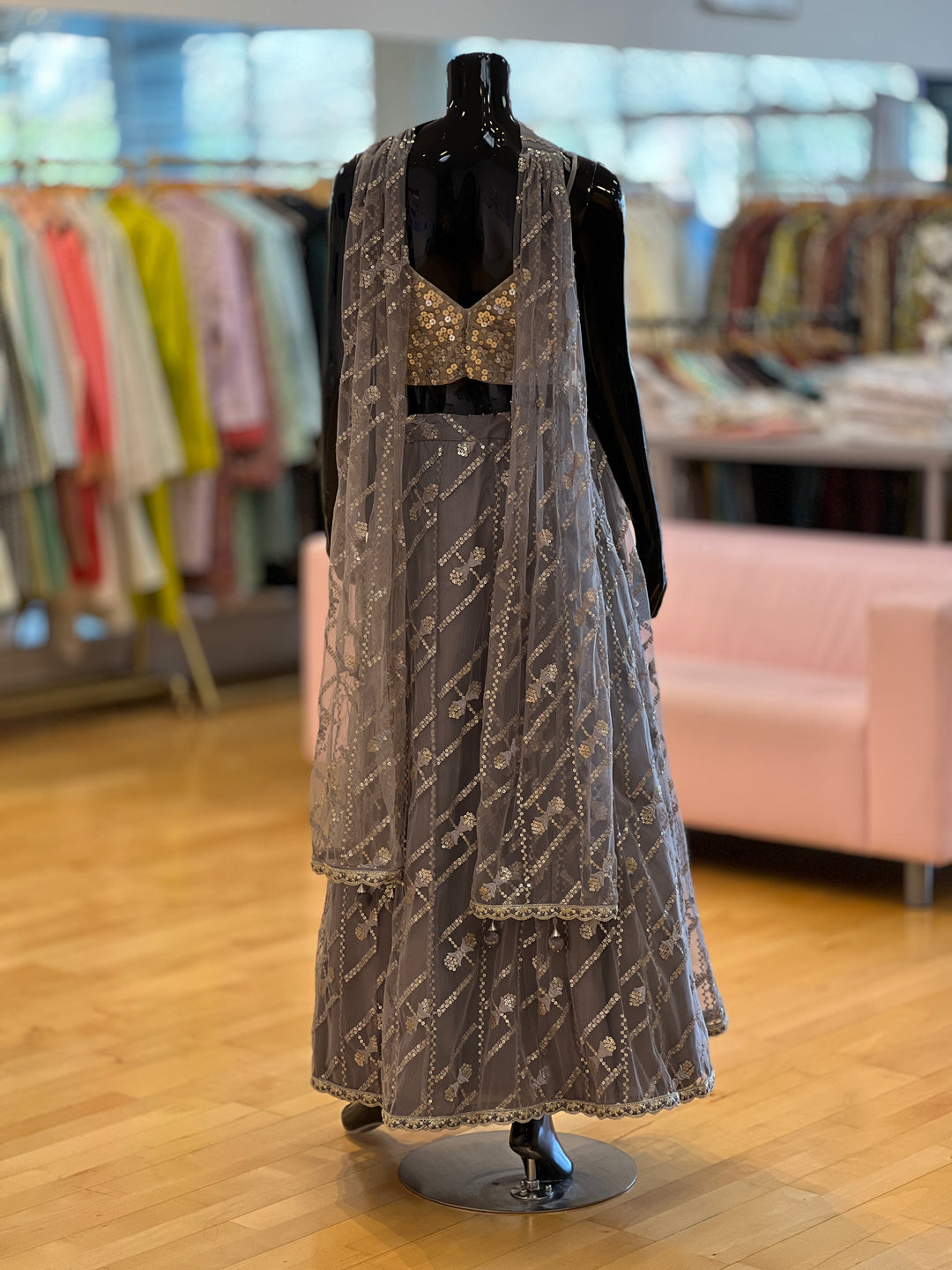 Grey and Antique Gold Sequins Embroidered Lehenga Set