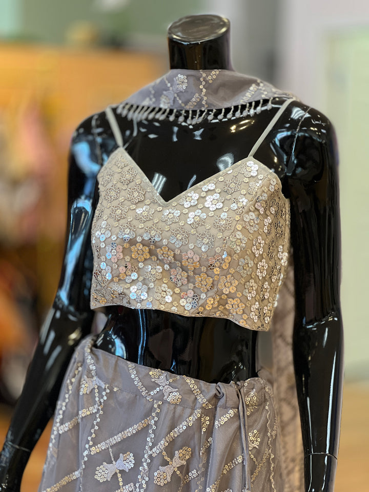 Grey and Antique Gold Sequins Embroidered Lehenga Set