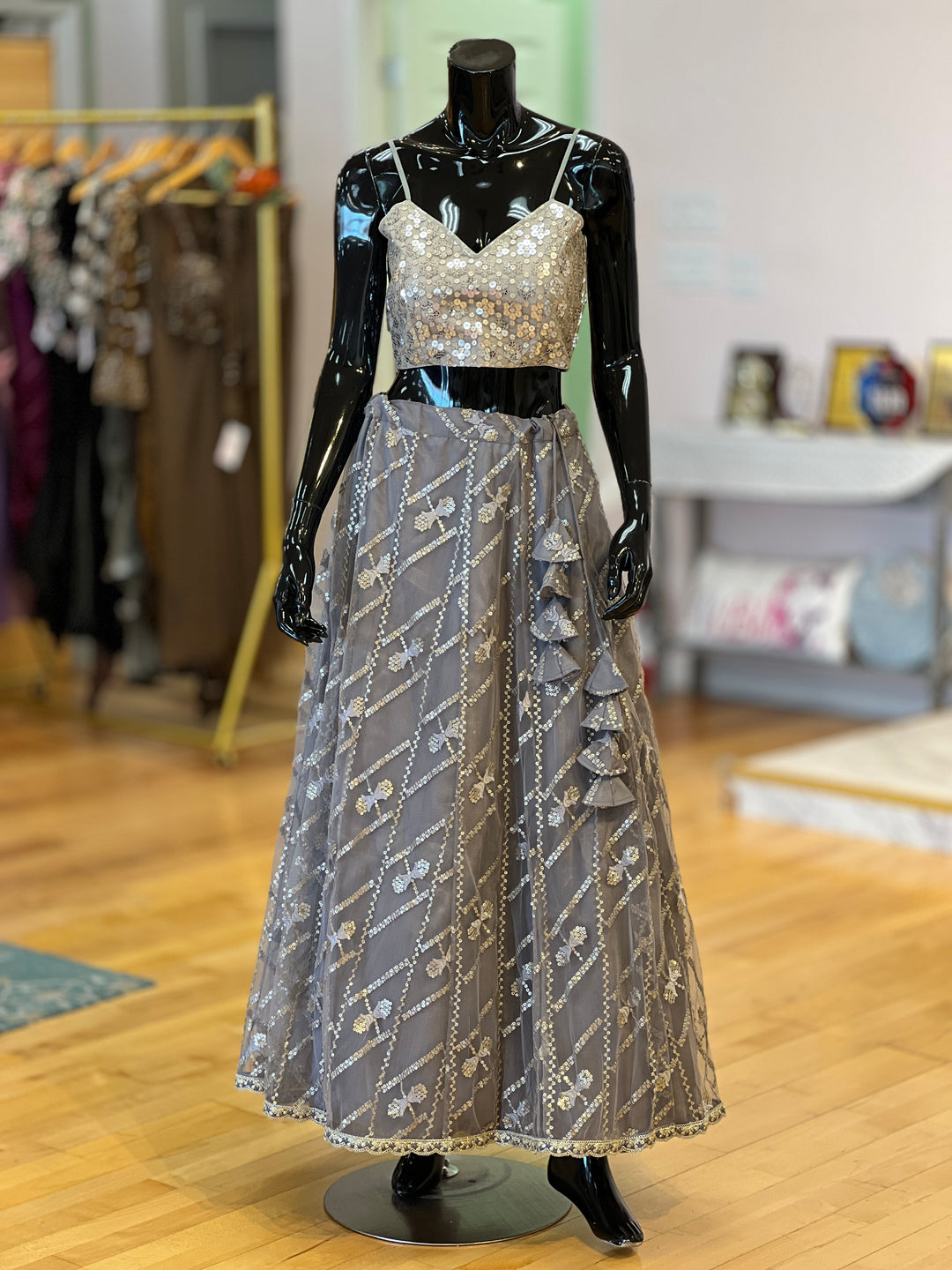 Grey and Antique Gold Sequins Embroidered Lehenga Set