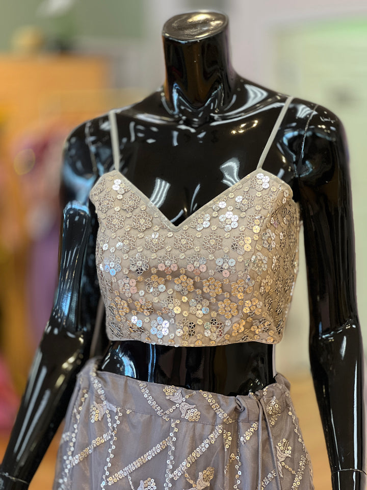 Grey and Antique Gold Sequins Embroidered Lehenga Set