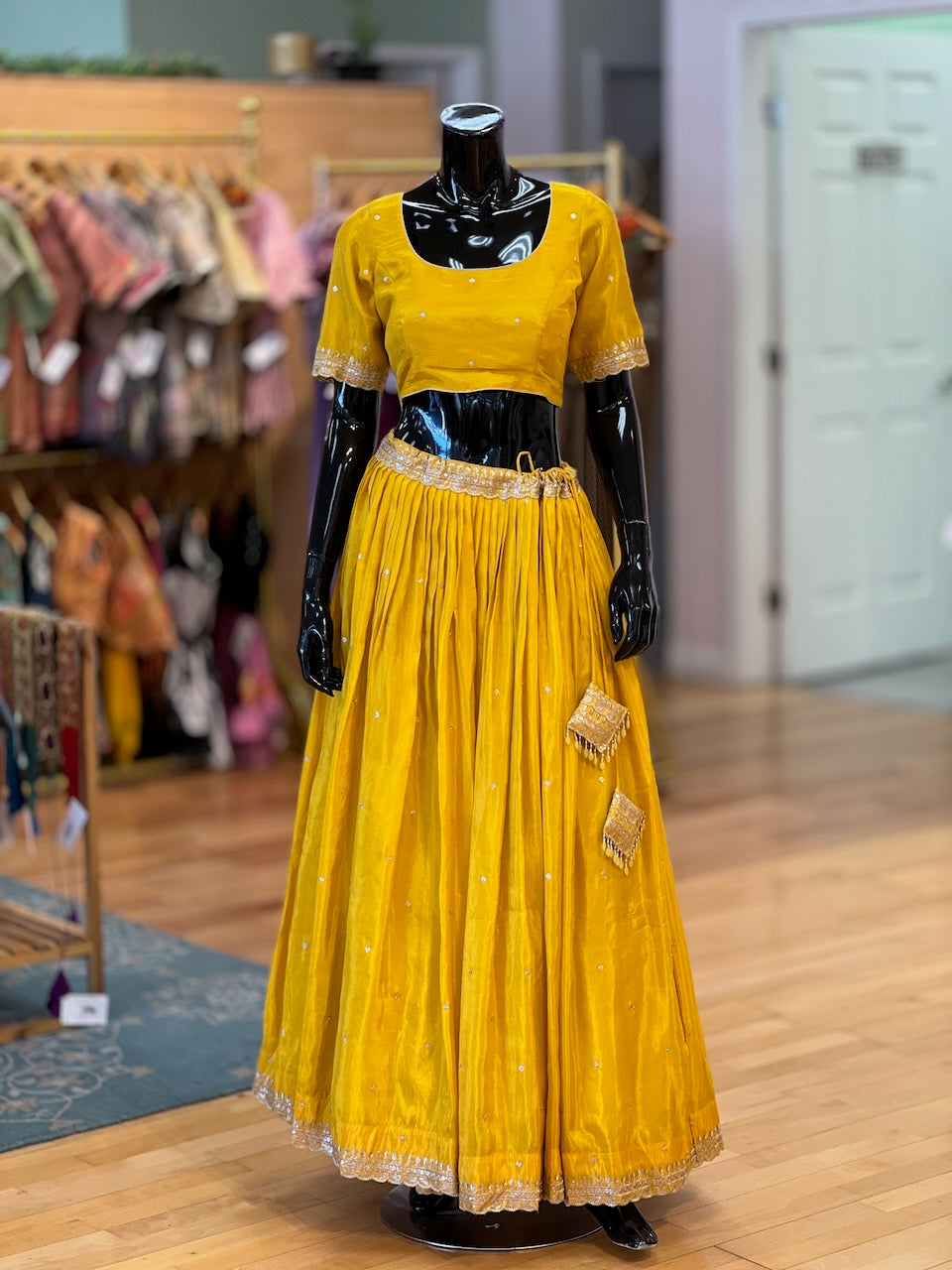 Mustard Yellow And White Embroidered Lehenga Set