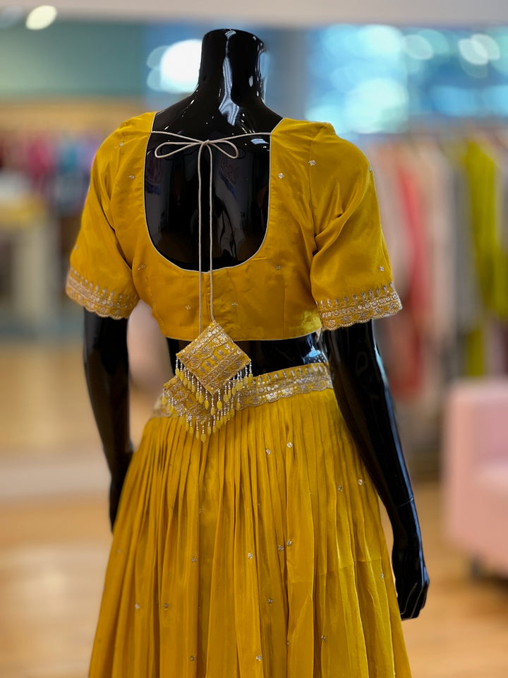 Mustard Yellow And White Embroidered Lehenga Set