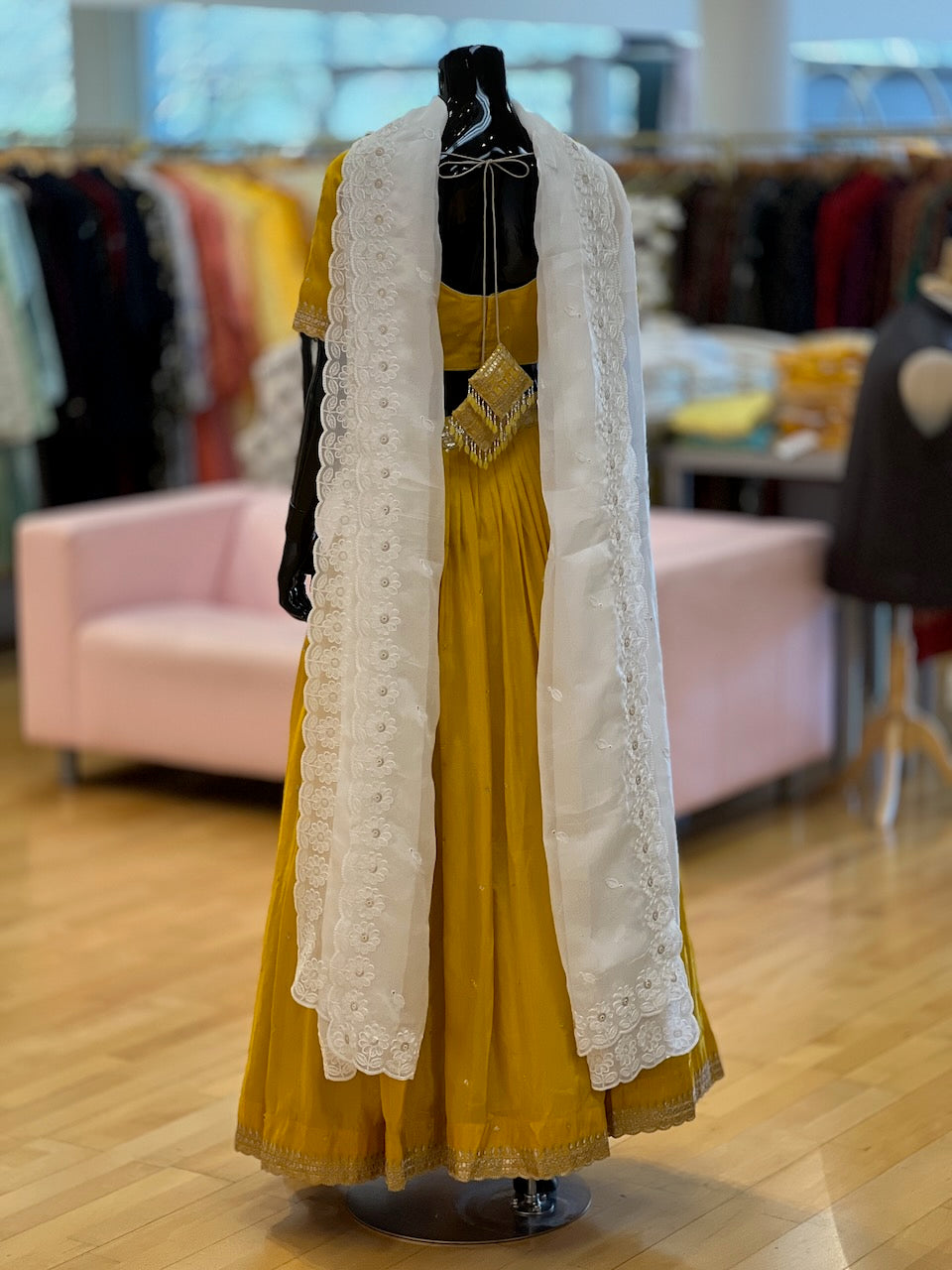 Mustard Yellow And White Embroidered Lehenga Set