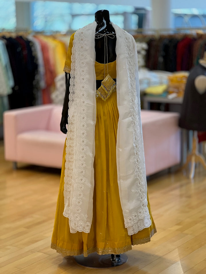 Mustard Yellow And White Embroidered Lehenga Set