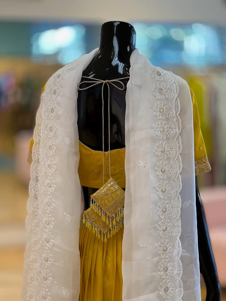 Mustard Yellow And White Embroidered Lehenga Set