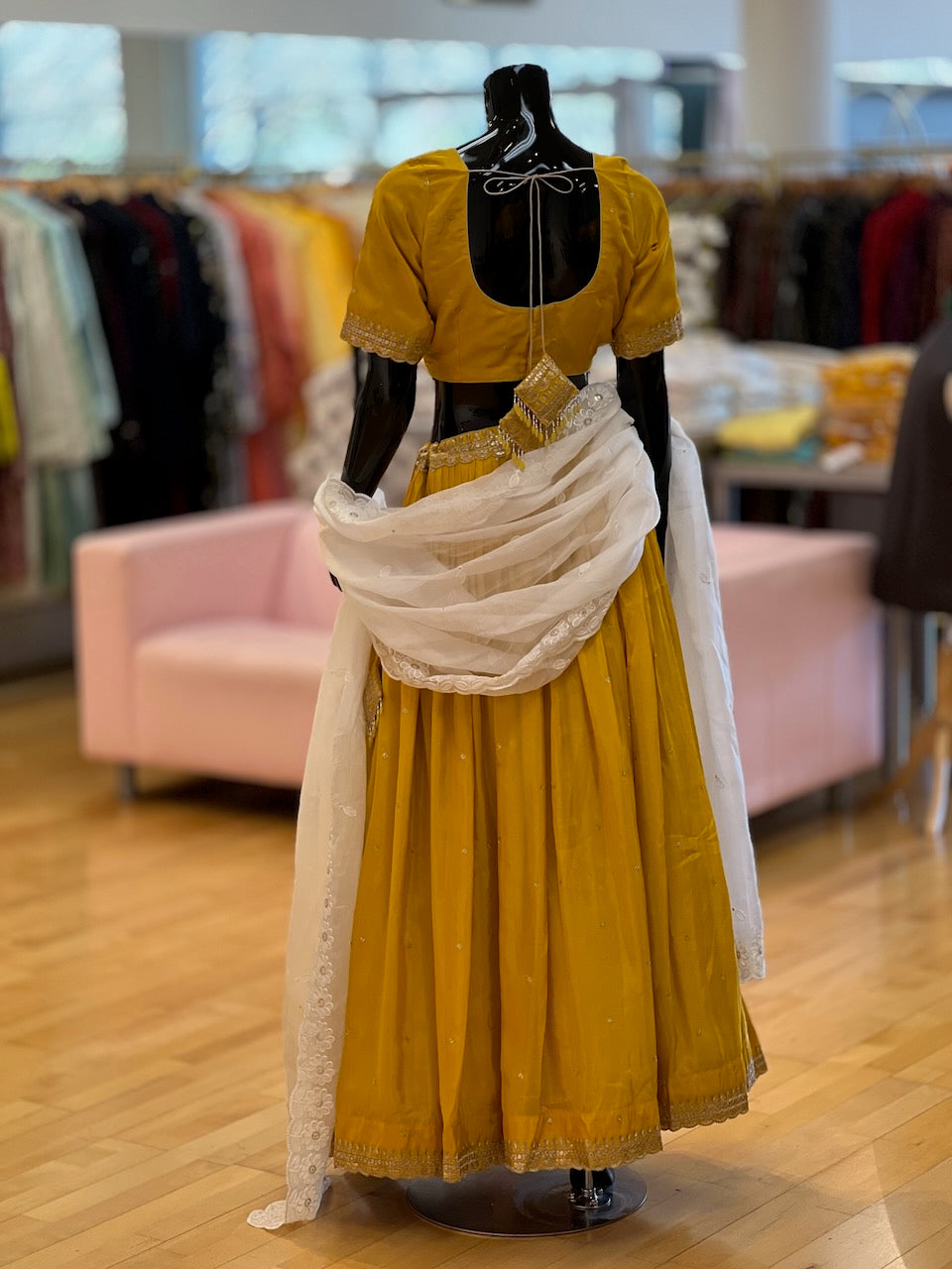 Mustard Yellow And White Embroidered Lehenga Set