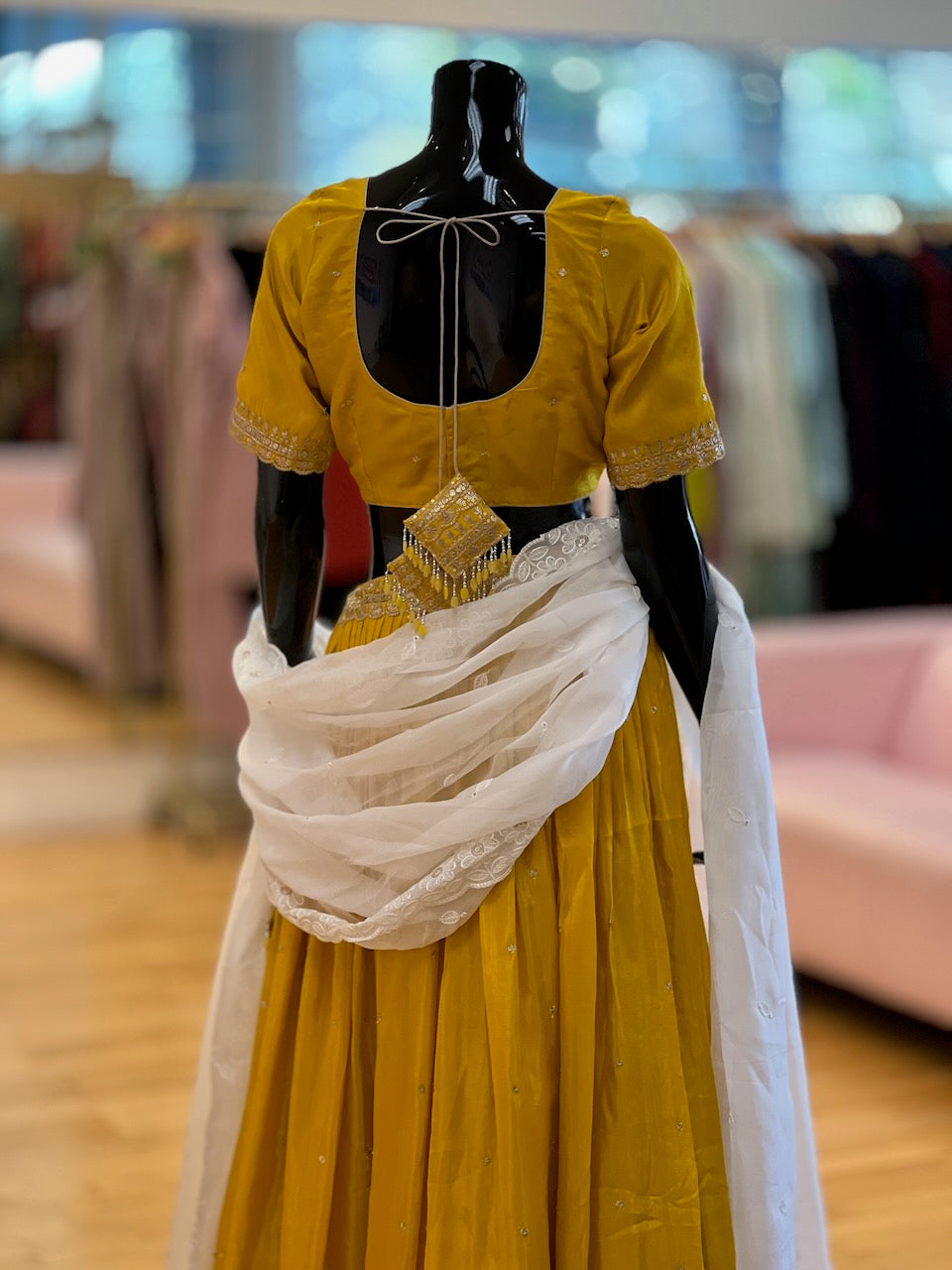 Mustard Yellow And White Embroidered Lehenga Set