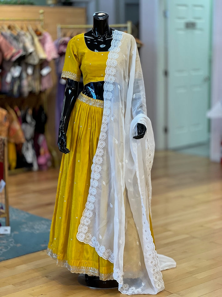Mustard Yellow And White Embroidered Lehenga Set