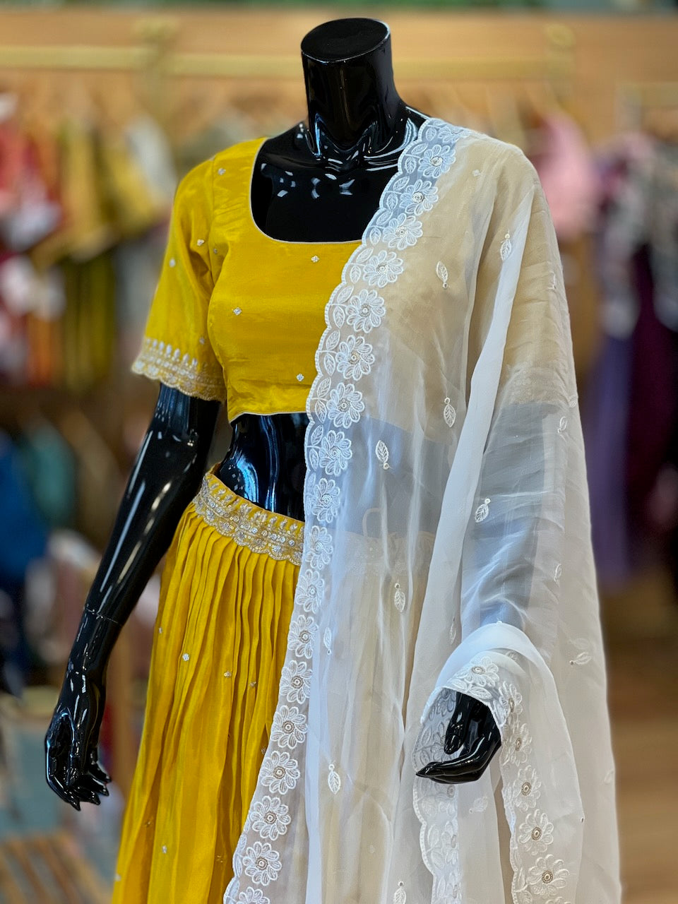Mustard Yellow And White Embroidered Lehenga Set
