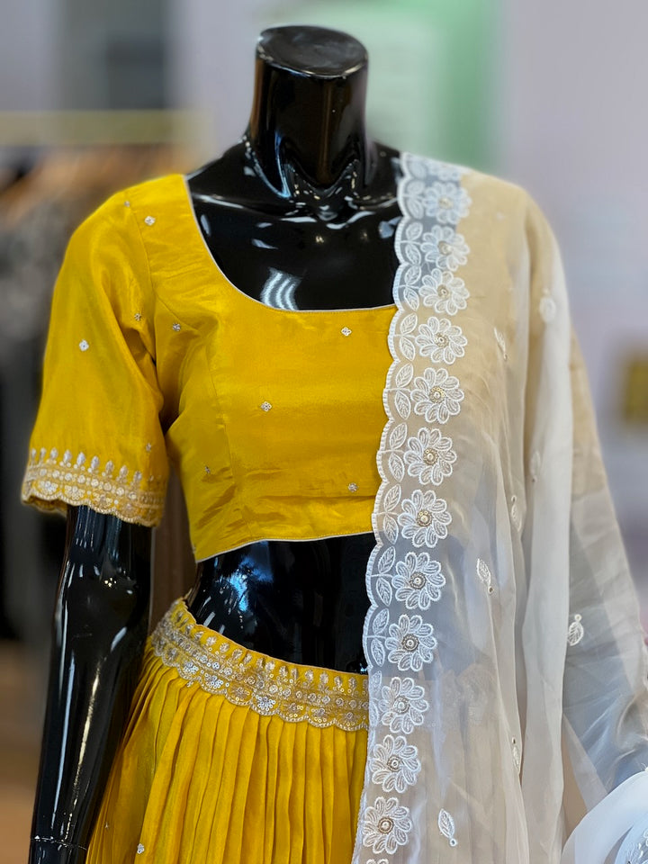 Mustard Yellow And White Embroidered Lehenga Set