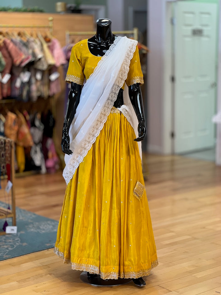 Mustard Yellow And White Embroidered Lehenga Set