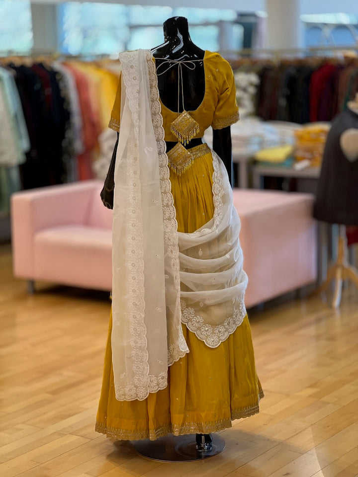 Mustard Yellow And White Embroidered Lehenga Set
