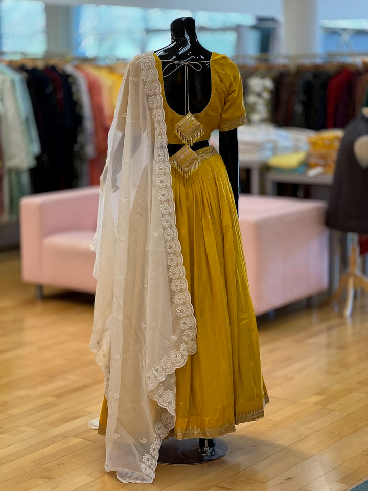 Mustard Yellow And White Embroidered Lehenga Set