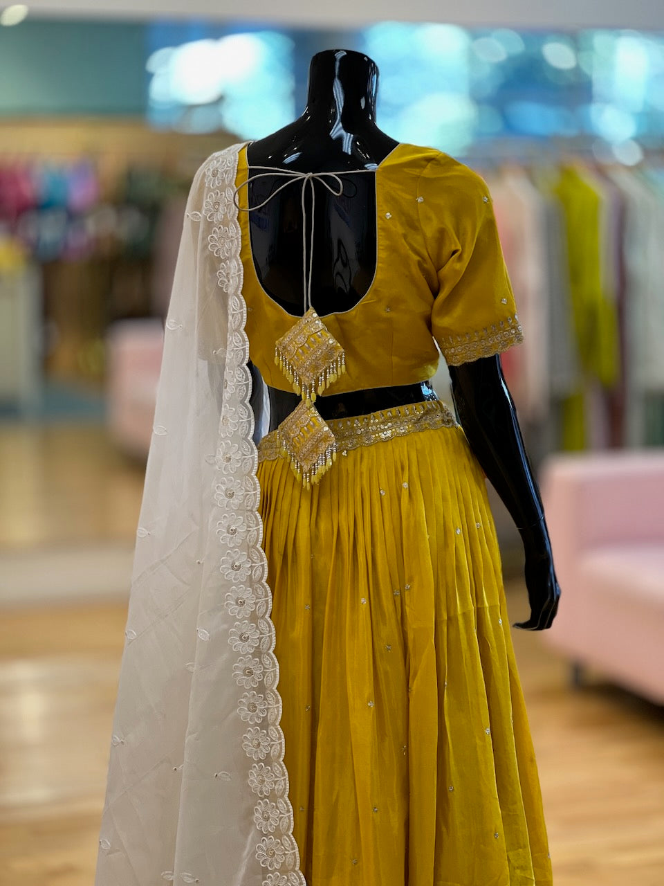Mustard Yellow And White Embroidered Lehenga Set