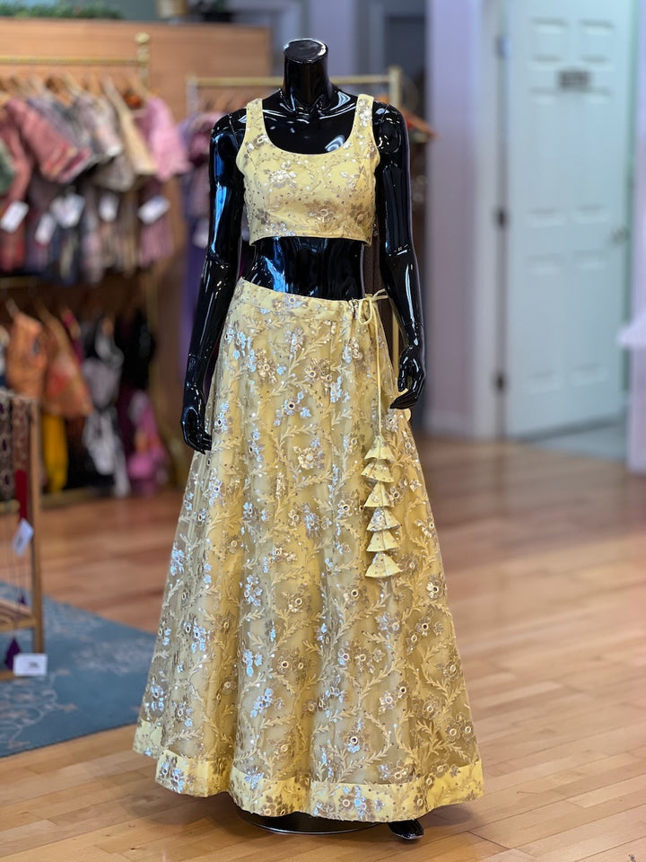 Pastel Yellow And White Embroidered Lehenga Set