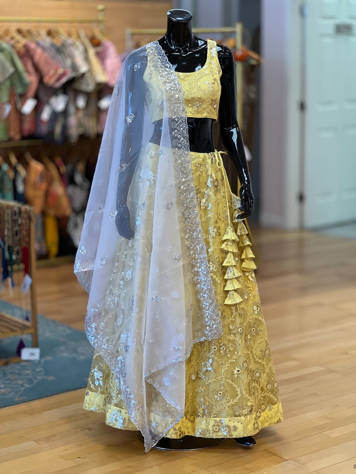 Pastel Yellow And White Embroidered Lehenga Set