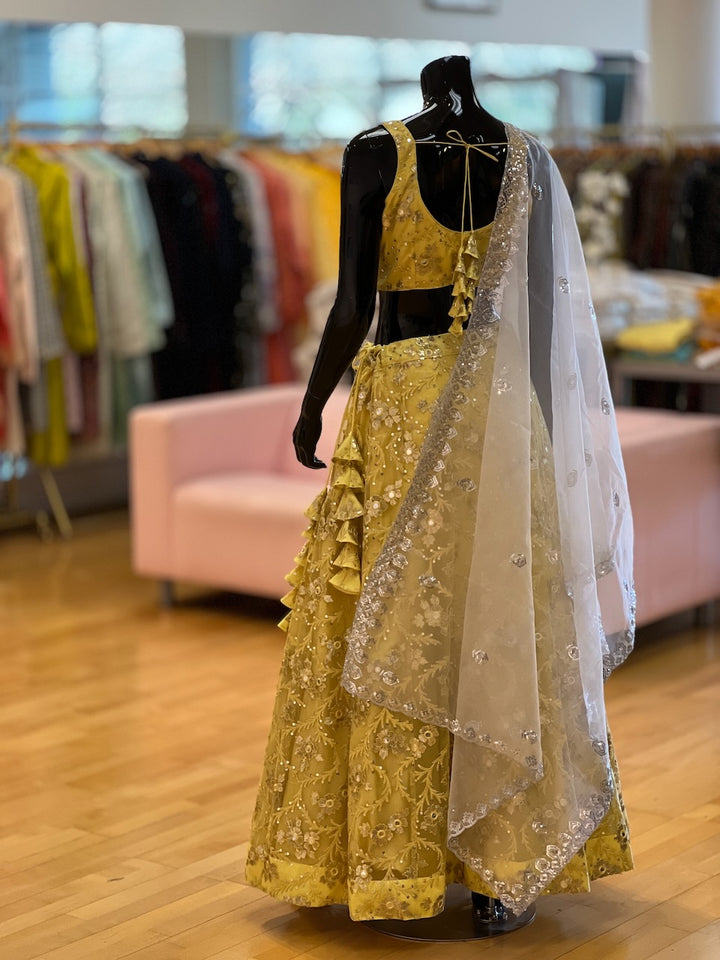 Pastel Yellow And White Embroidered Lehenga Set