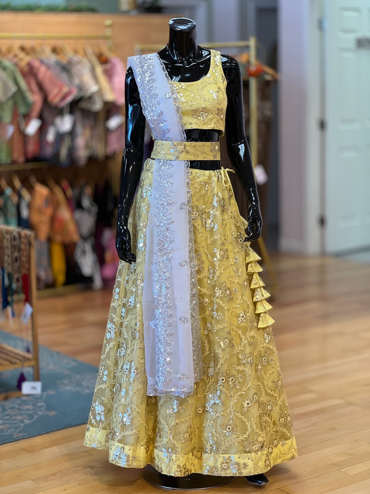 Pastel Yellow And White Embroidered Lehenga Set