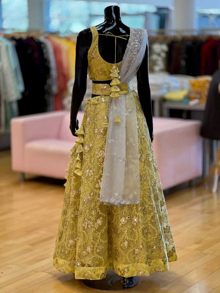 Pastel Yellow And White Embroidered Lehenga Set