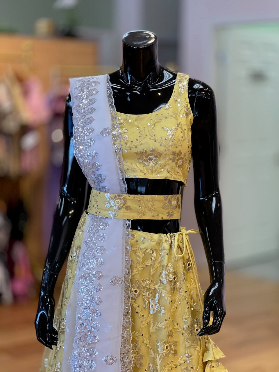 Pastel Yellow And White Embroidered Lehenga Set