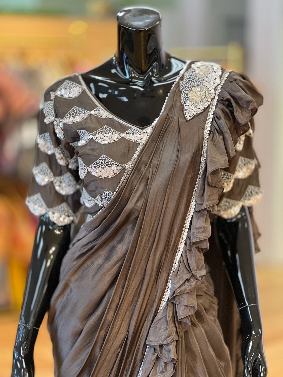 Olive-Brown Saree With Pre-pleated Pallu And Embroidered Blouse With Belt