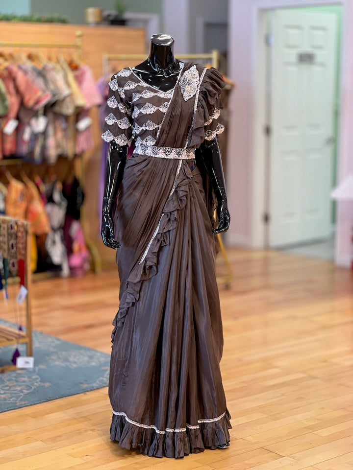 Olive-Brown Saree With Pre-pleated Pallu And Embroidered Blouse With Belt