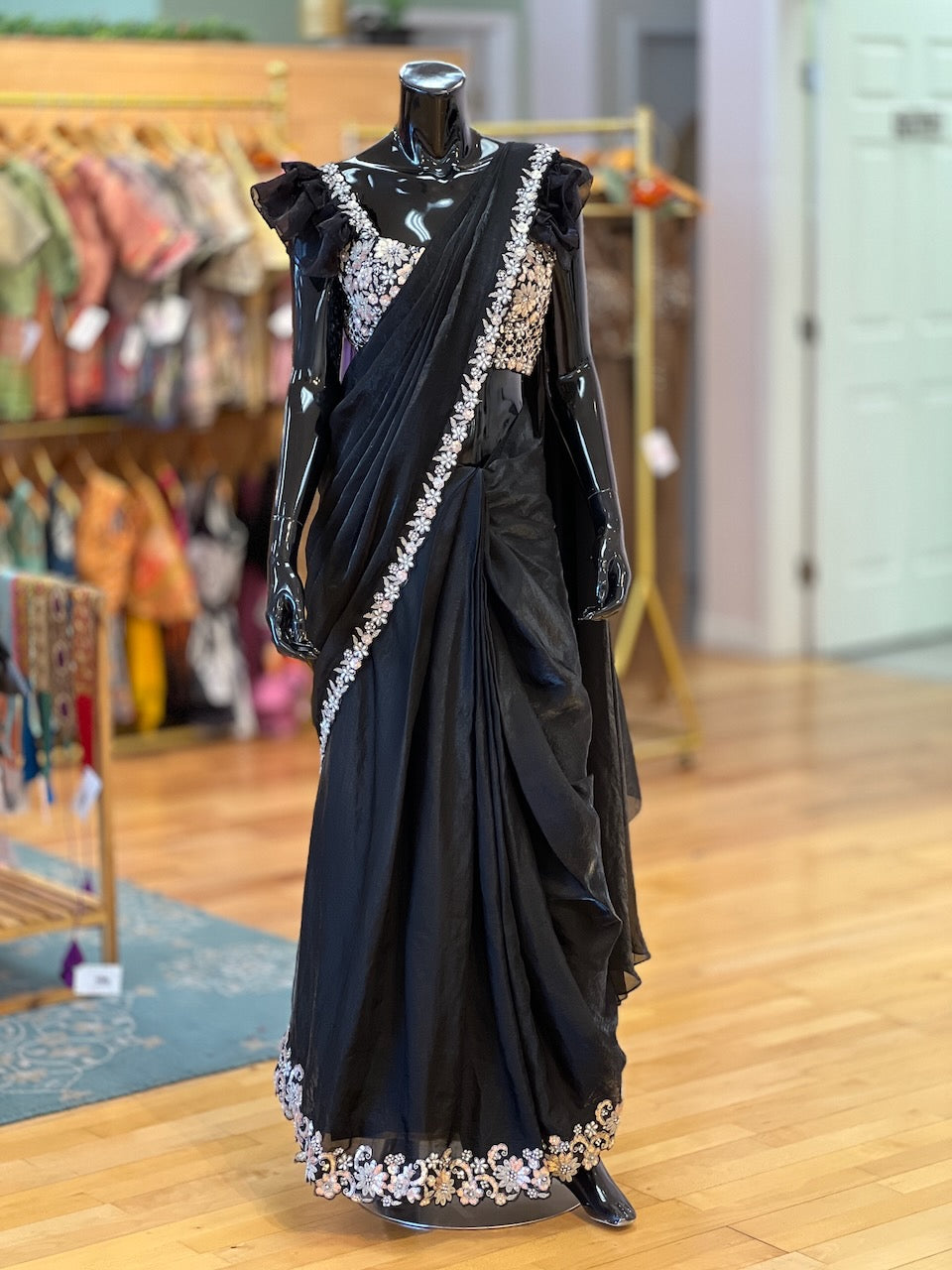 Black Embroidered Pre- Pleated Saree And Blouse