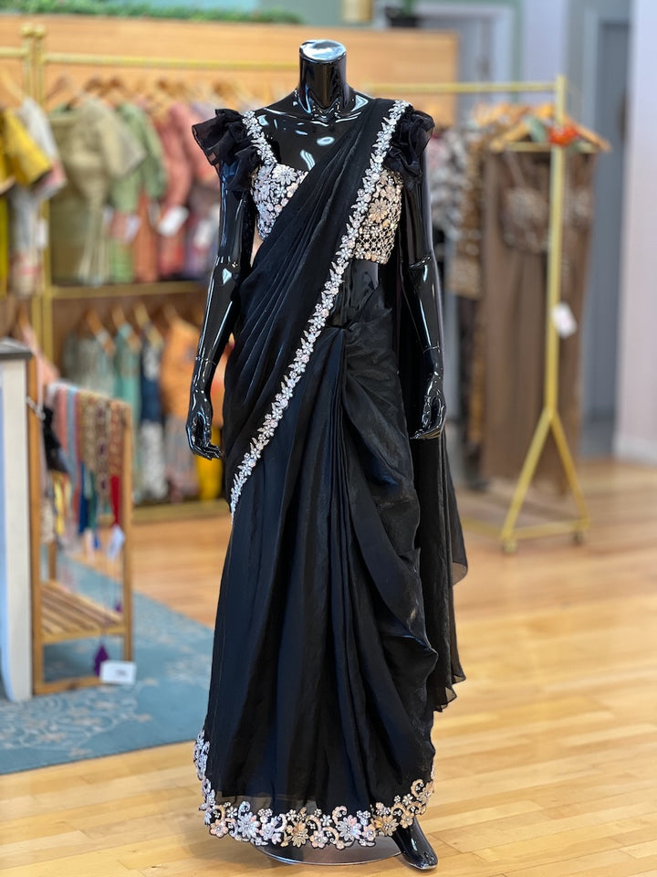 Black Embroidered Pre- Pleated Saree And Blouse