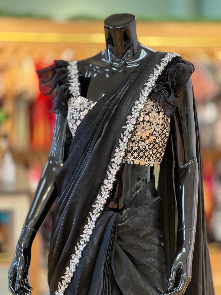 Black Embroidered Pre- Pleated Saree And Blouse