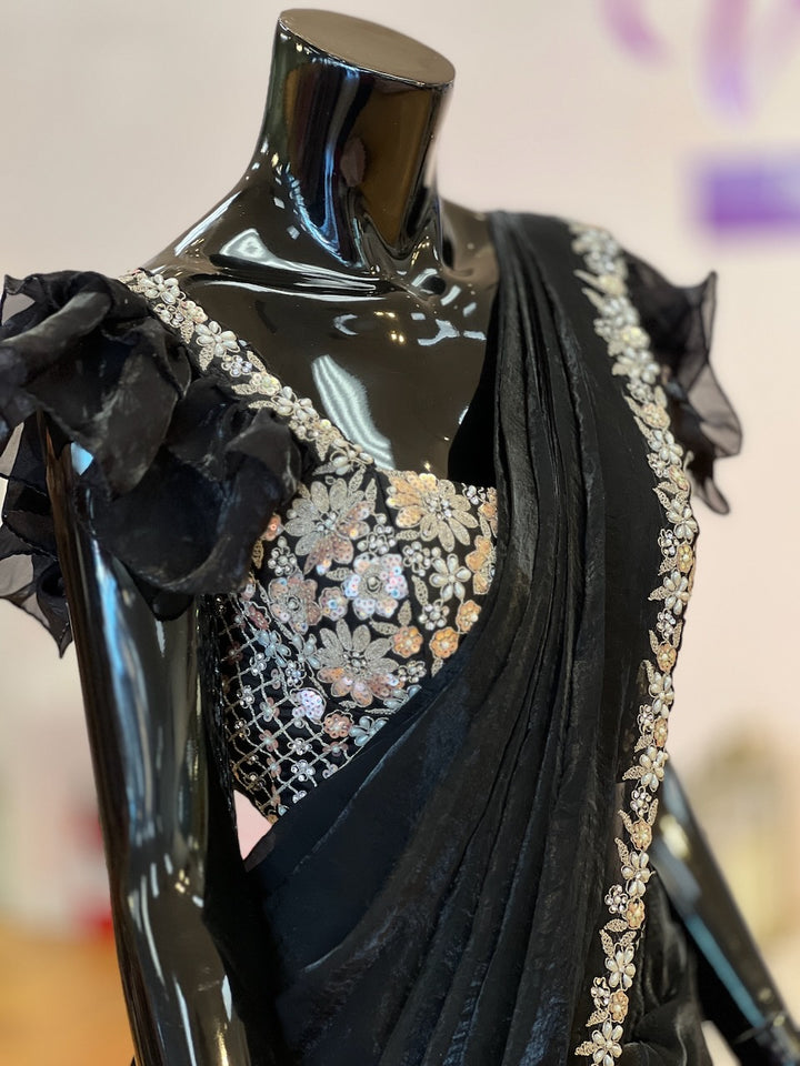 Black Embroidered Pre- Pleated Saree And Blouse