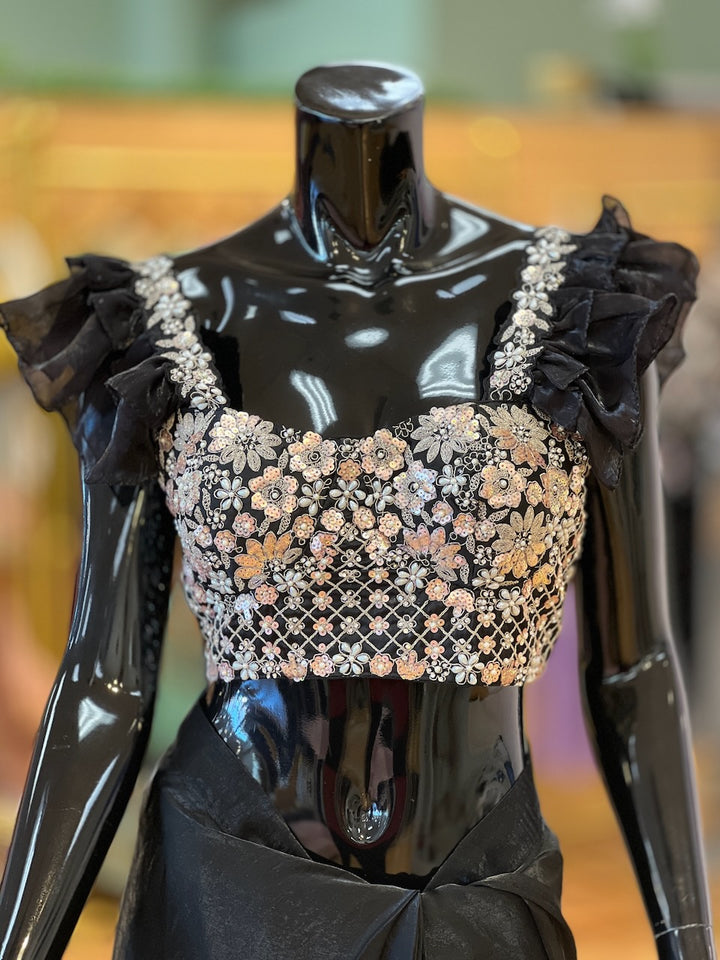 Black Embroidered Pre- Pleated Saree And Blouse