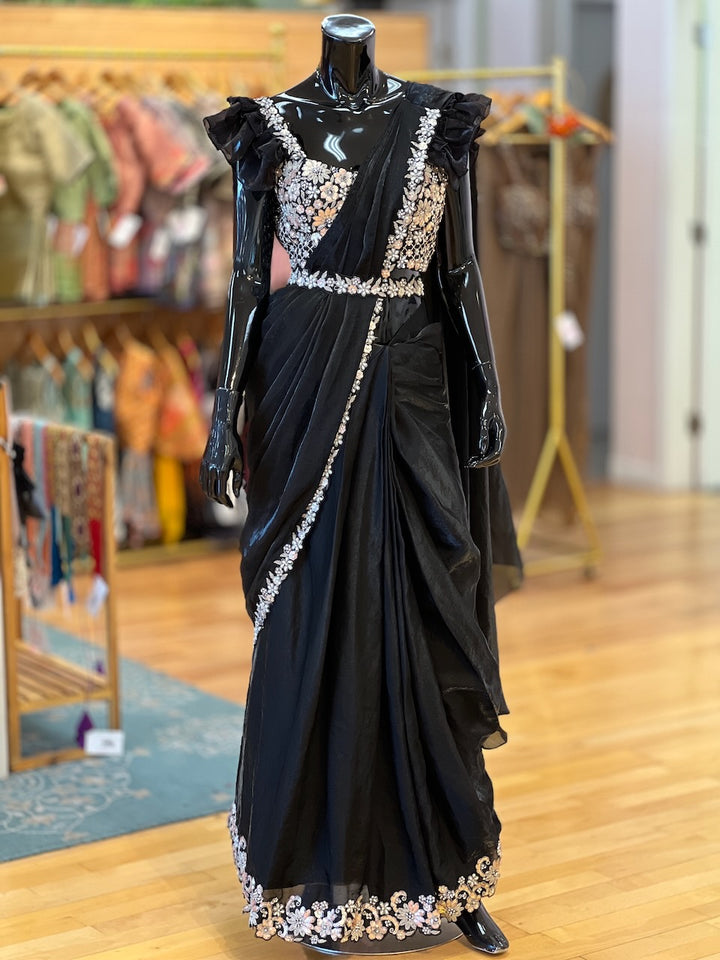 Black Embroidered Pre- Pleated Saree And Blouse