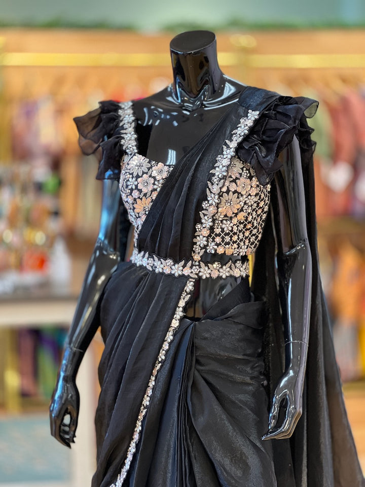 Black Embroidered Pre- Pleated Saree And Blouse