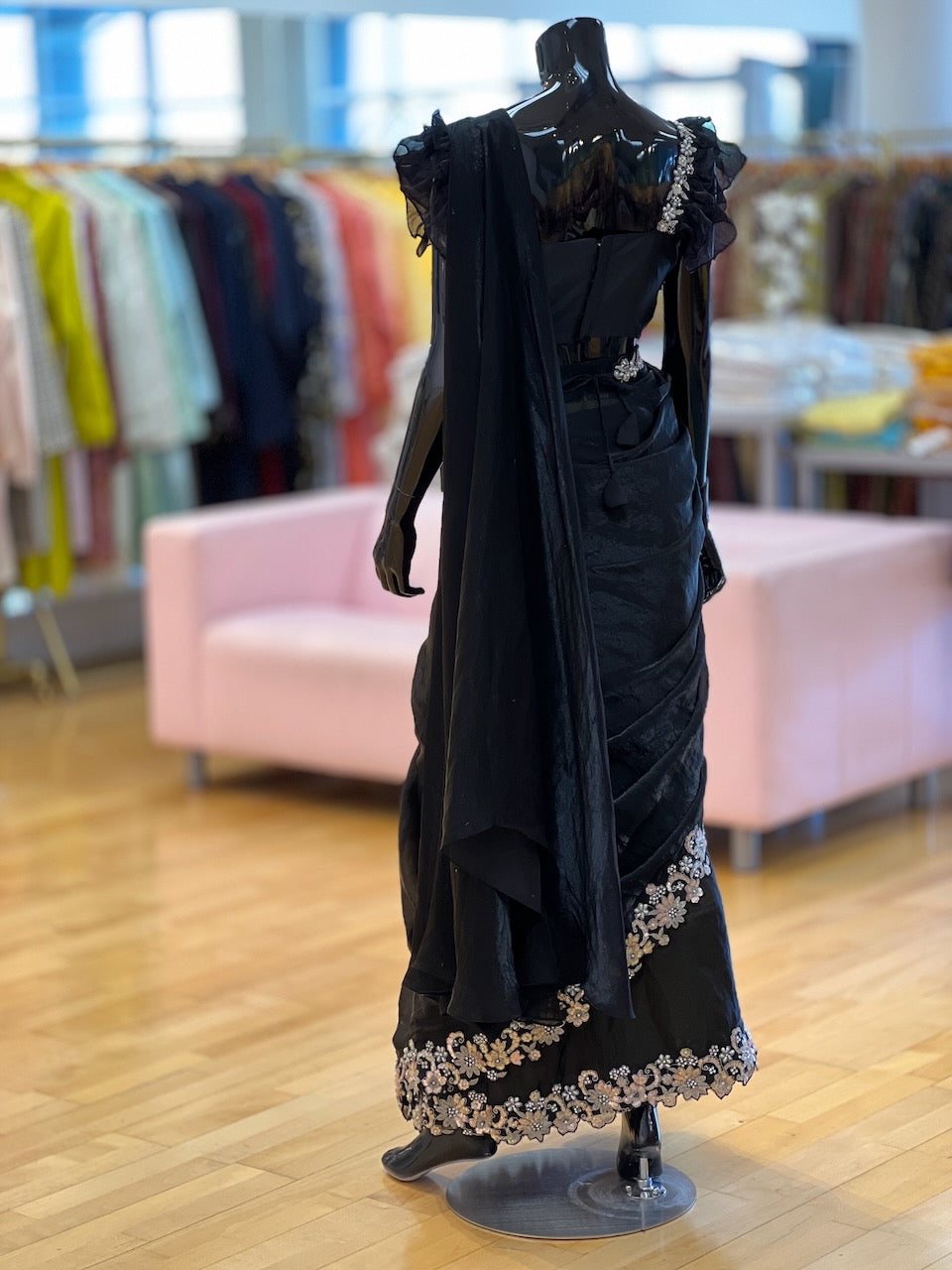 Black Embroidered Pre- Pleated Saree And Blouse