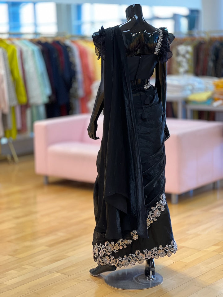 Black Embroidered Pre- Pleated Saree And Blouse